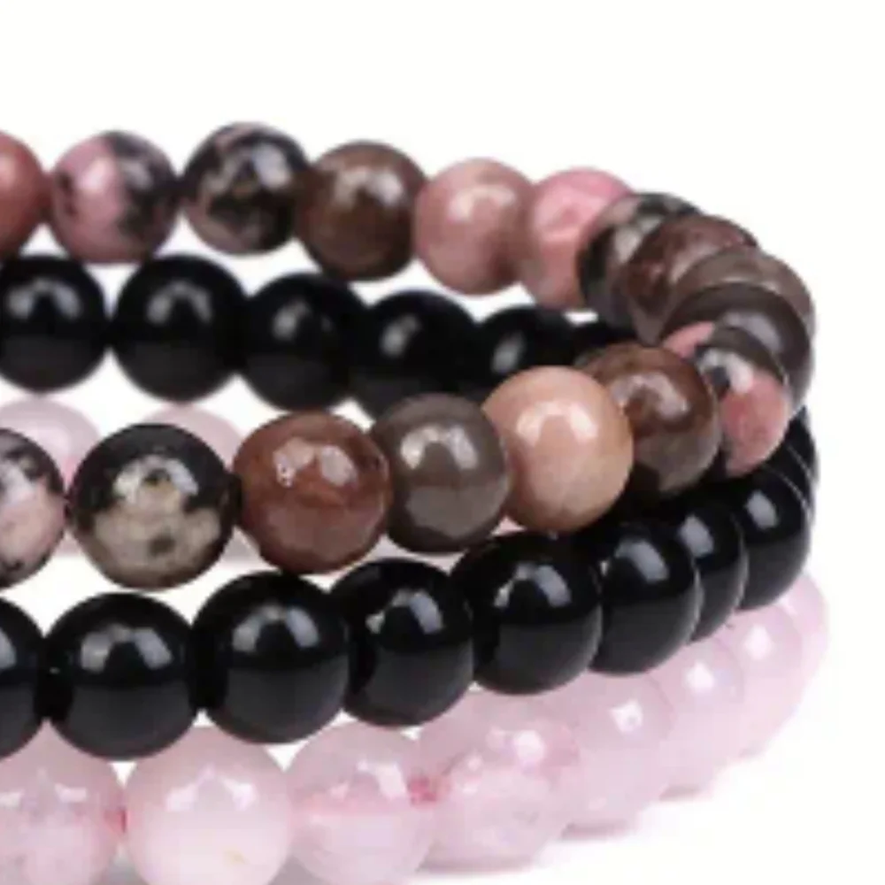 3 Pc Chakra Bracelets 6mm Beads Pink Quartz Rhodonite Black Onyx Jewelry